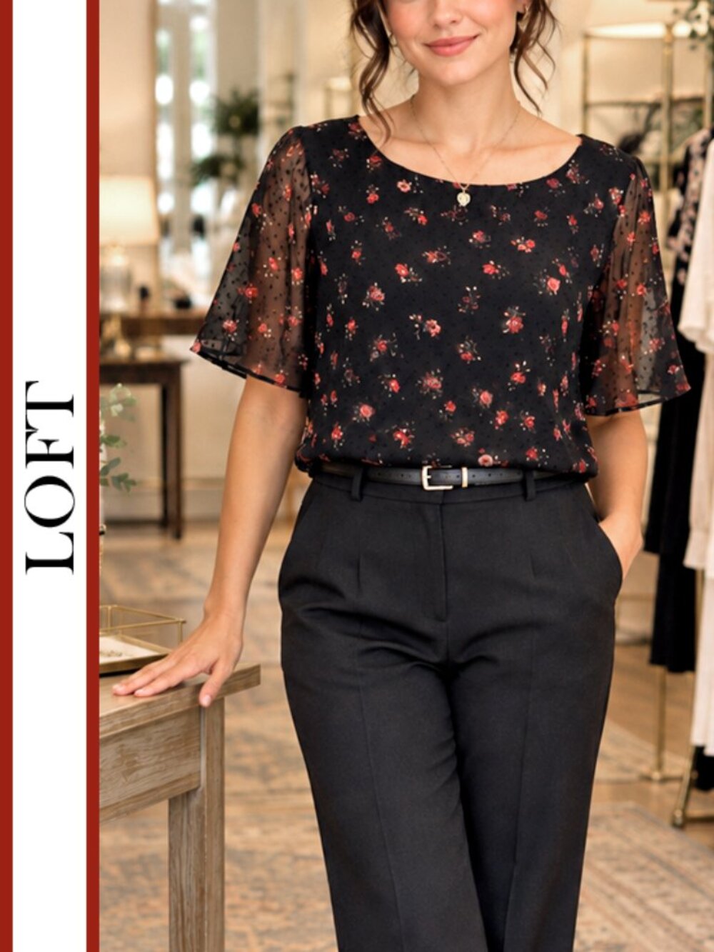 LOFT | 'Floral Print' Flutter Sleeve Bow Back Top